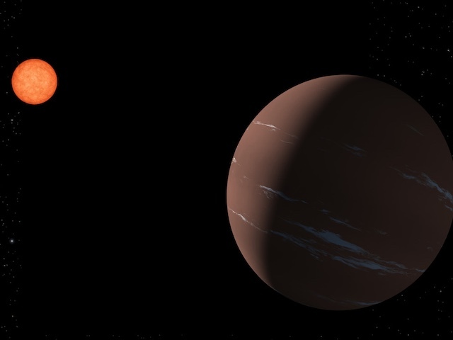 On the right lower foreground, this illustration shows a 'super-Earth' – a planet larger than Earth but smaller than Neptune – with a brownish atmosphere flecked with white, horizontal strips of cloud. The planet's left side is partially lit by its reddish parent star, a red dwarf, smaller and cooler than our Sun, seen in the upper left of the image. 