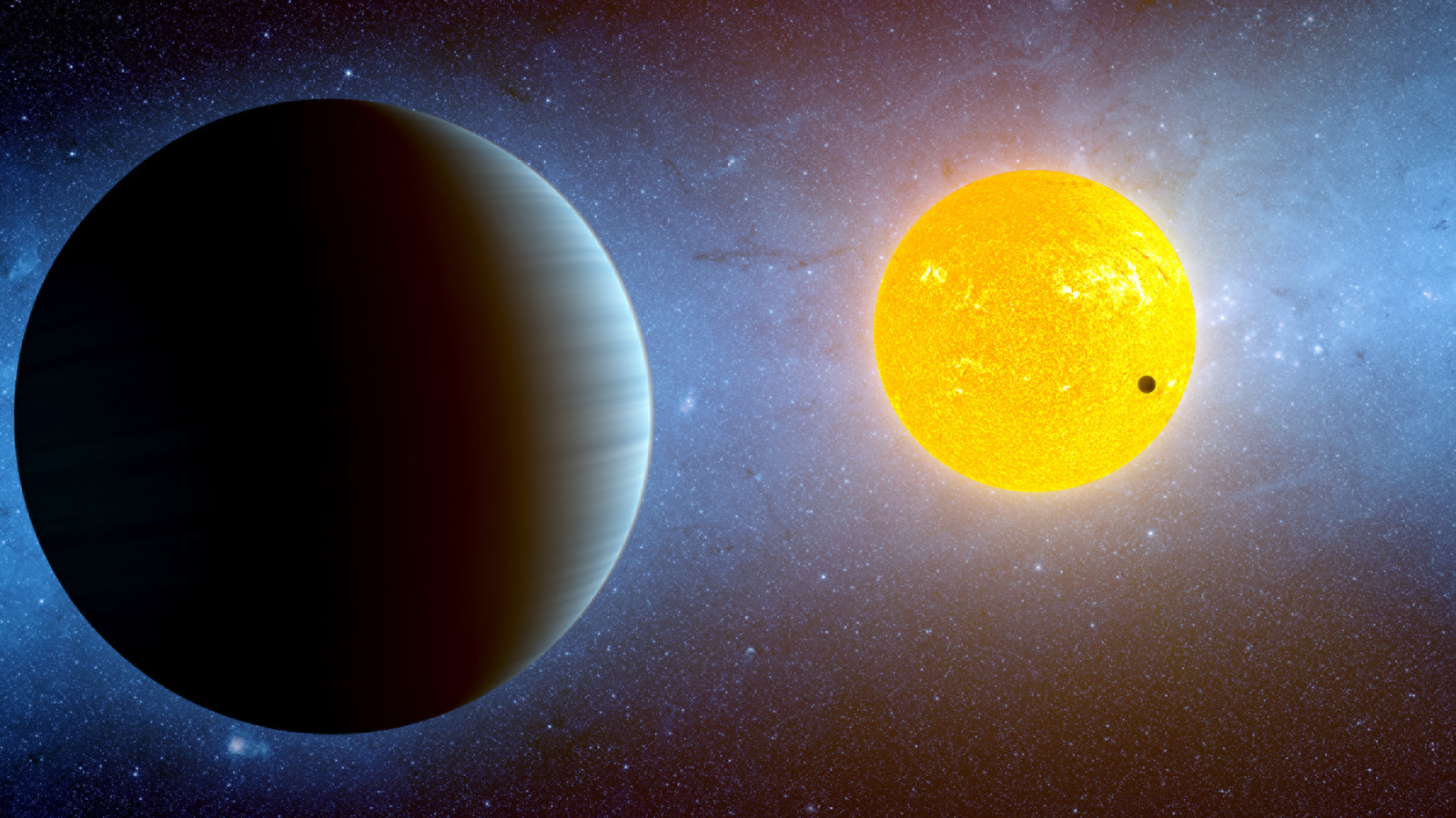 slide 3 - This artist's conception depicts the Kepler-10 star system, located about 560 light-years away near the Cygnus and Lyra constellations. Kepler has discovered two planets around this star. Kepler-10b is, to date, the smallest known rocky exoplanet, or planet outside our solar system (dark spot against yellow sun). This planet, which has a radius of 1.4 times that of Earth's, whips around its star every .8 days. Its discovery was announced in Jan. 2011.